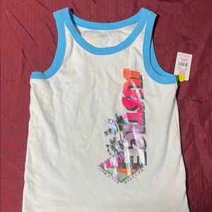 Justice Kids' White Tank Top with Blue Trim and Colorful Graphic ⭐️2 for 13⭐️